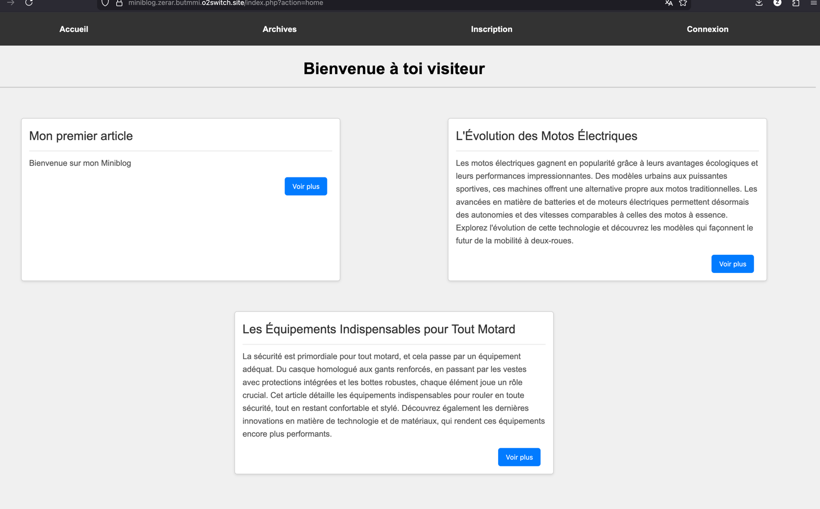 Aperçu de la page d'accueil du Miniblog